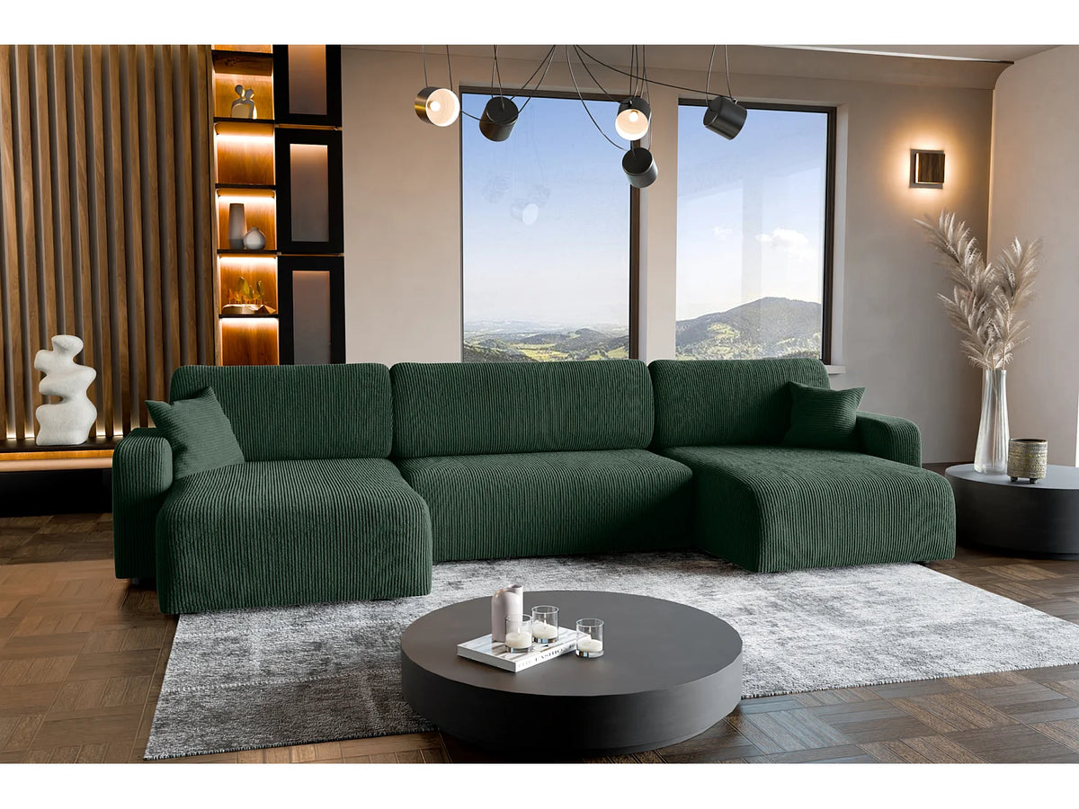 Canapé Panoramique d'Angle Convertible en Velours Côtelé Vert Sapin 5 Places - PIANO