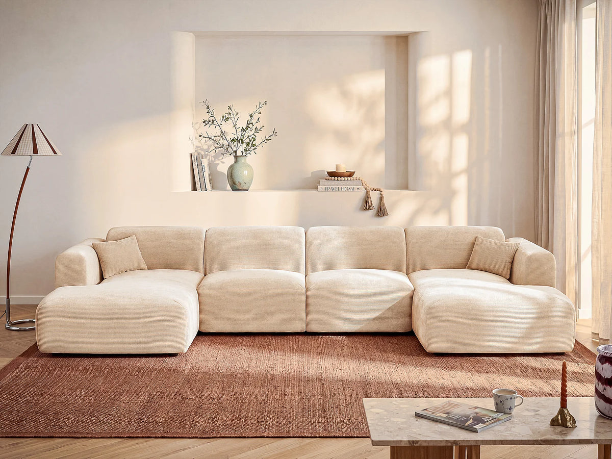 Canapé Panoramique d'Angle XXL en Velours Côtelé Beige - POGNI