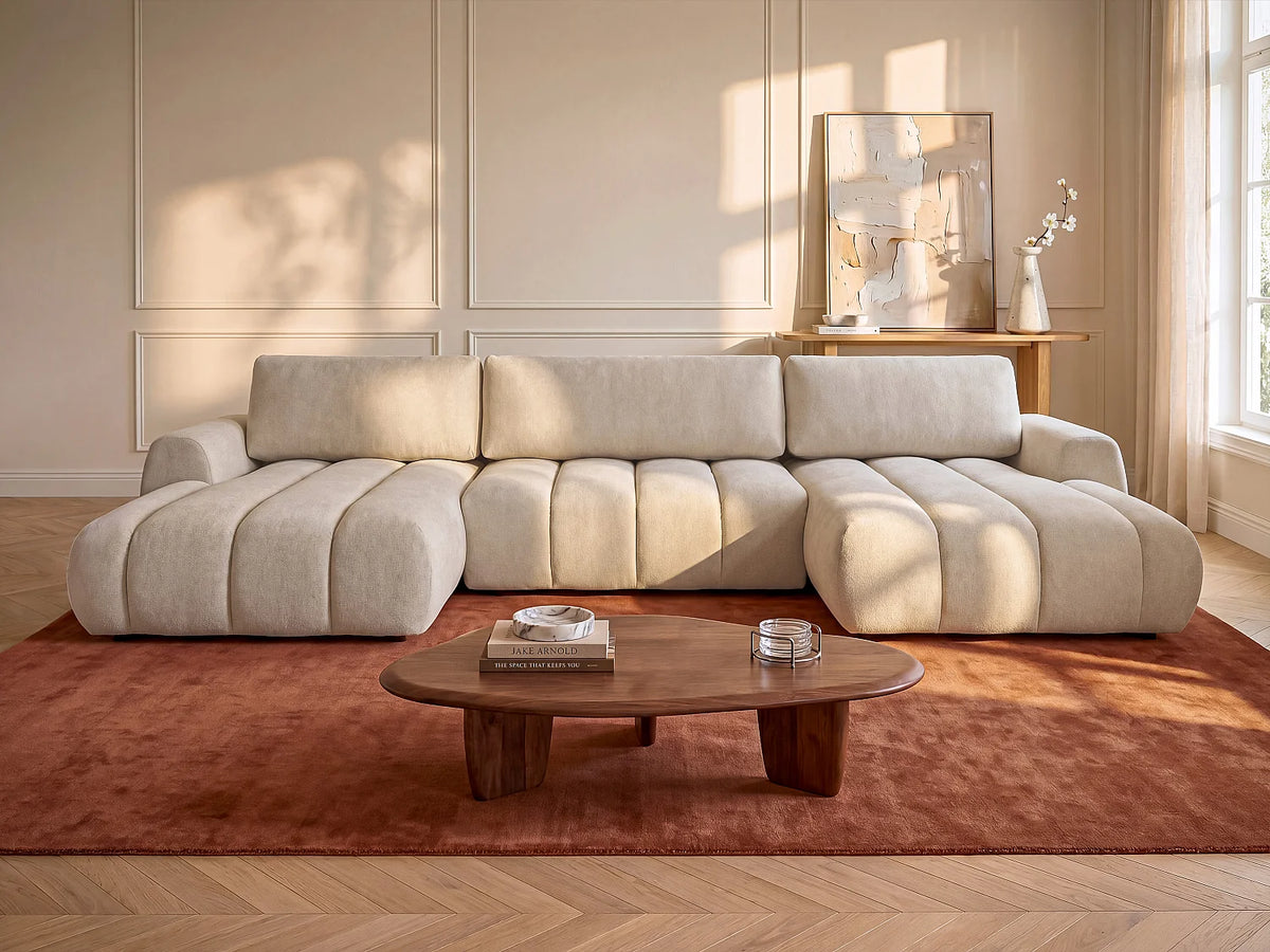 Canapé Panoramique d'Angle XXL Convertible en Tissu Beige - FRIDORA