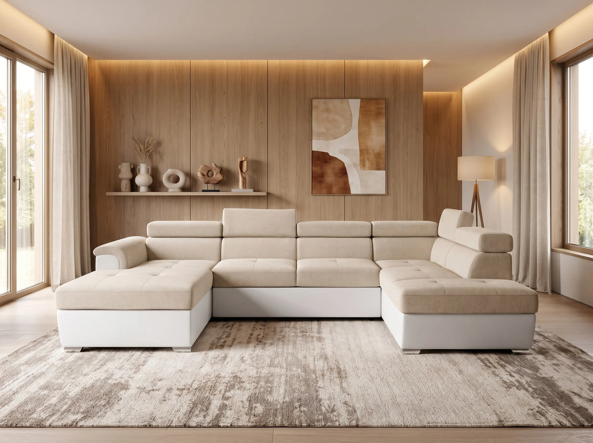 Canapé Panoramique d'Angle Convertible avec Coffre en Éco-cuir Beige 6 Places - PAOLA