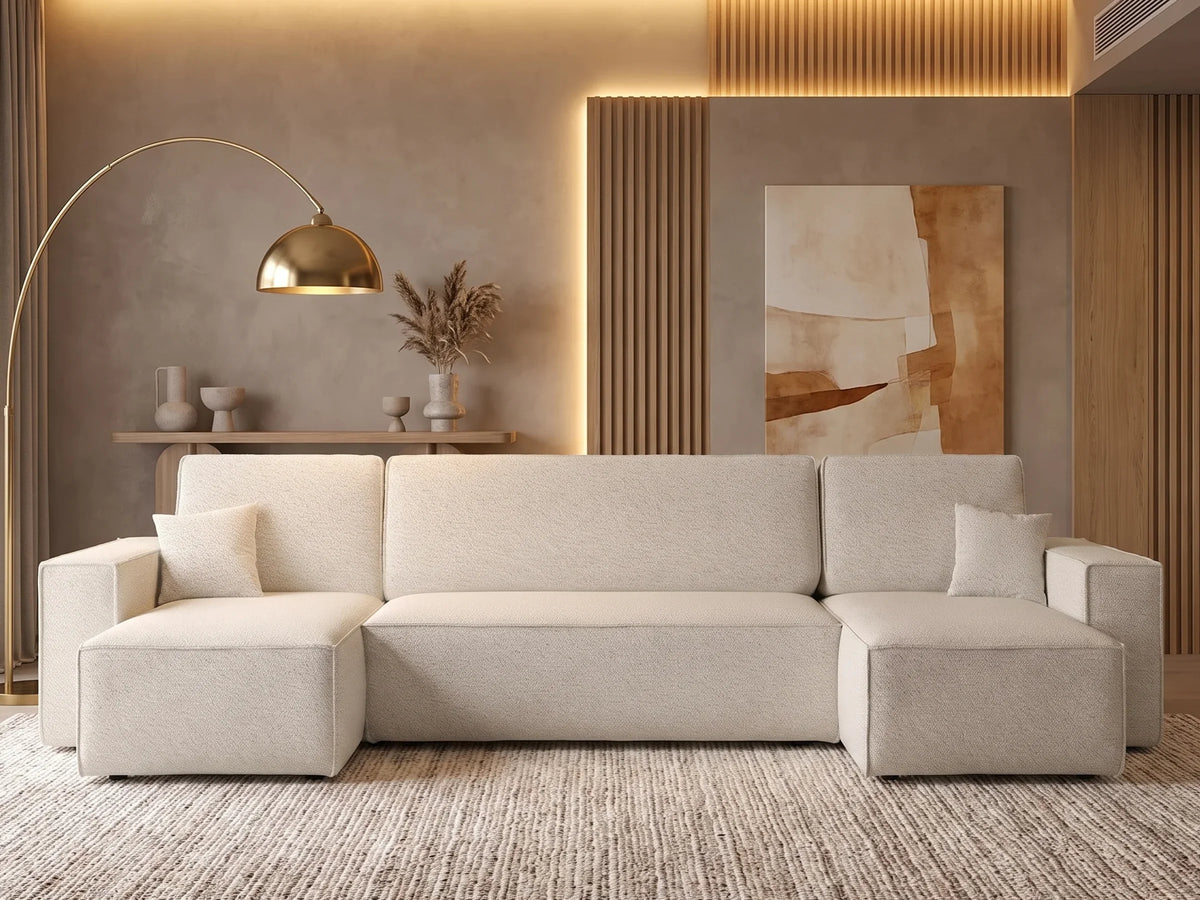 Canapé Panoramique d'Angle Convertible avec Coffre en Tissu Beige 4 Places - BEST