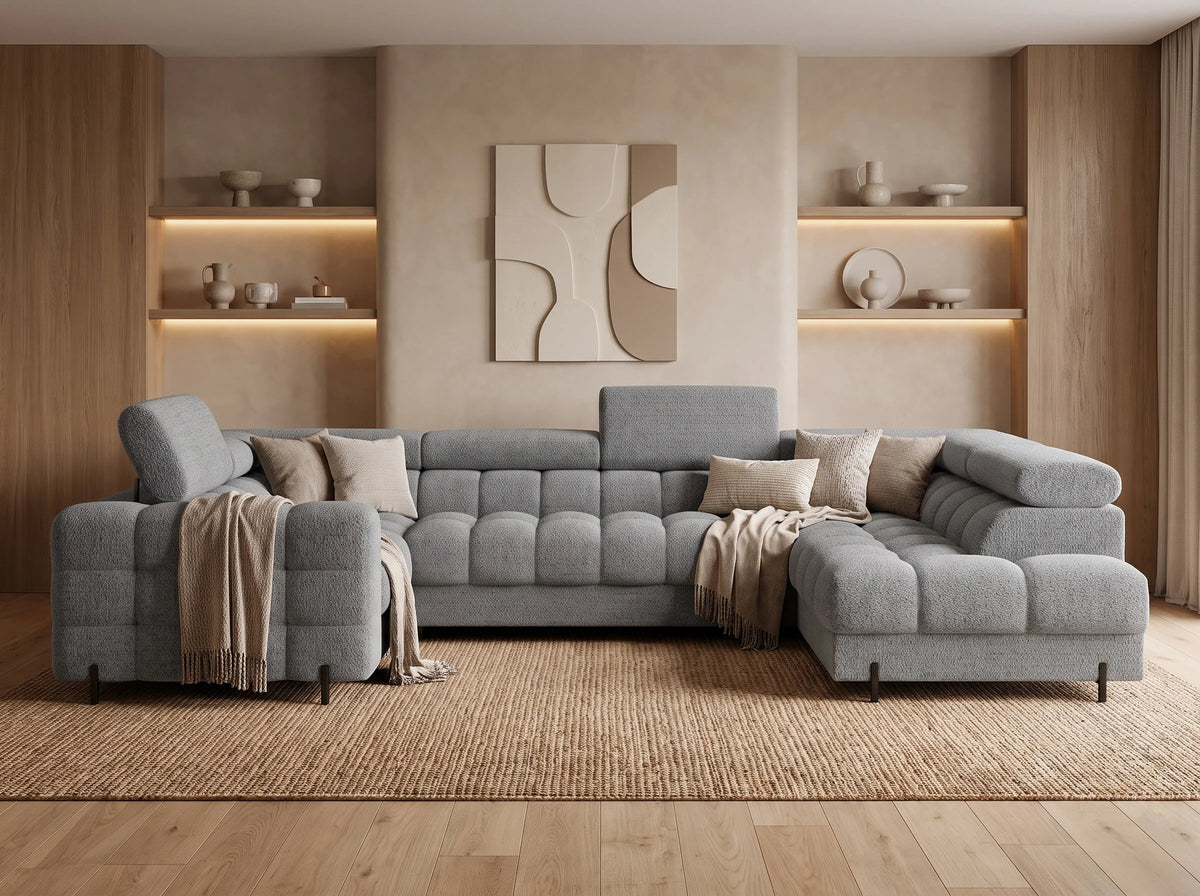 Canapé Panoramique d'Angle Convertible avec Coffre en Tissu Gris 5 Places - KARBON