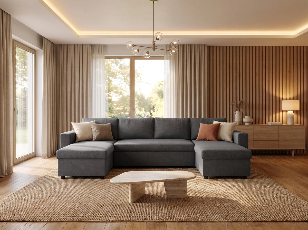 Canapé Panoramique d'Angle Convertible avec Coffre en Tissu Gris anthracite 6 Places - LOUNGITUDE