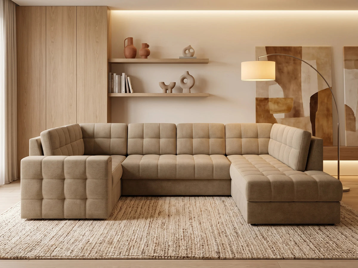 Canapé Panoramique d'Angle Convertible avec Coffre en Velours Beige 5 Places - ARIANE (Réf. 9652)
