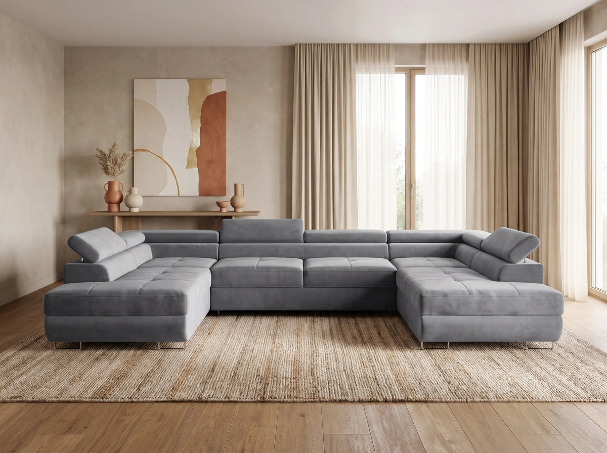 Canapé Panoramique d'Angle Convertible avec Coffre en Velours Gris 5 Places - WILSON