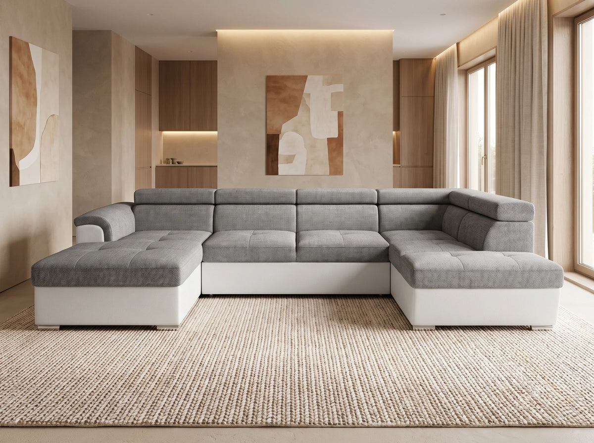 Canapé Panoramique d'Angle Convertible en Éco-cuir Gris / Blanc 6 Places - PAOLA (Réf. 4268)