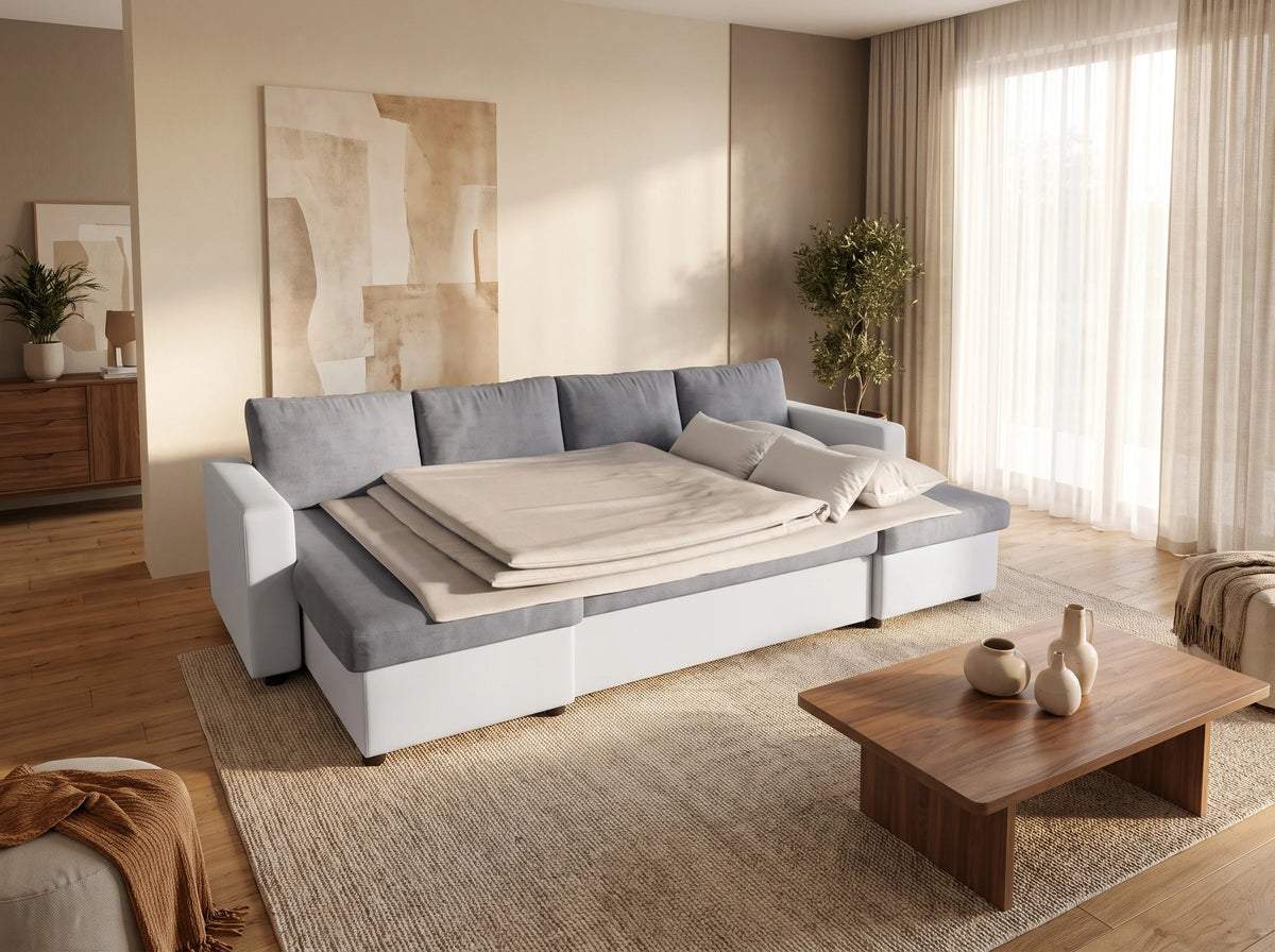 Canapé Panoramique d'Angle Convertible en Microfibre Gris / Blanc 6 Places - MARIA
