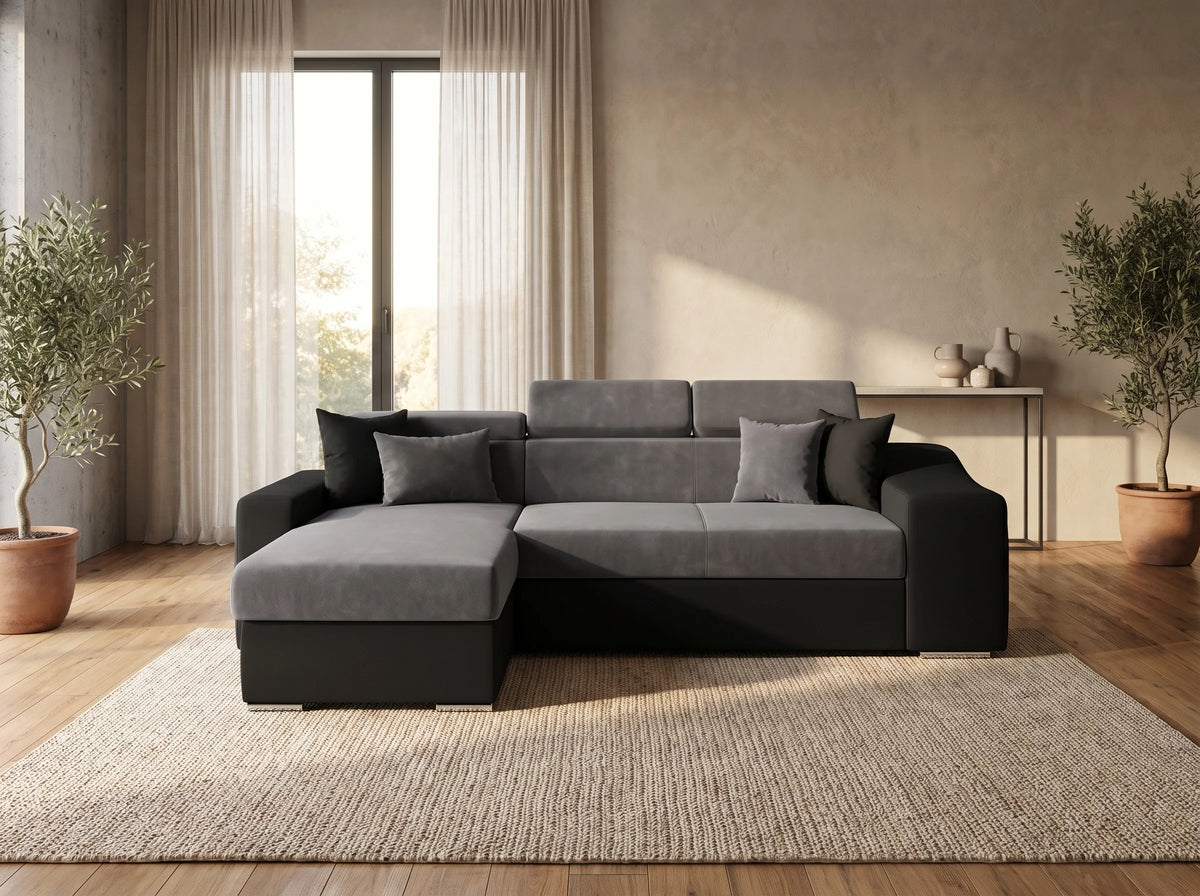 Canapé Panoramique d'Angle Convertible en Microfibre Noir / Gris 4 Places - ELONA