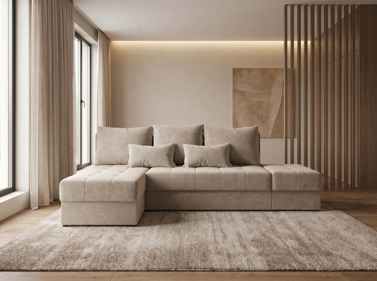 Canapé Panoramique d'Angle Convertible en Tissu Beige 4 Places - NORVI (Réf. 2154)