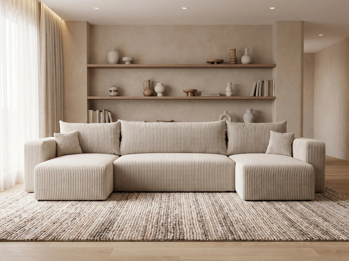 Canapé Panoramique d'Angle Convertible en Tissu Beige 4 Places - PIANO