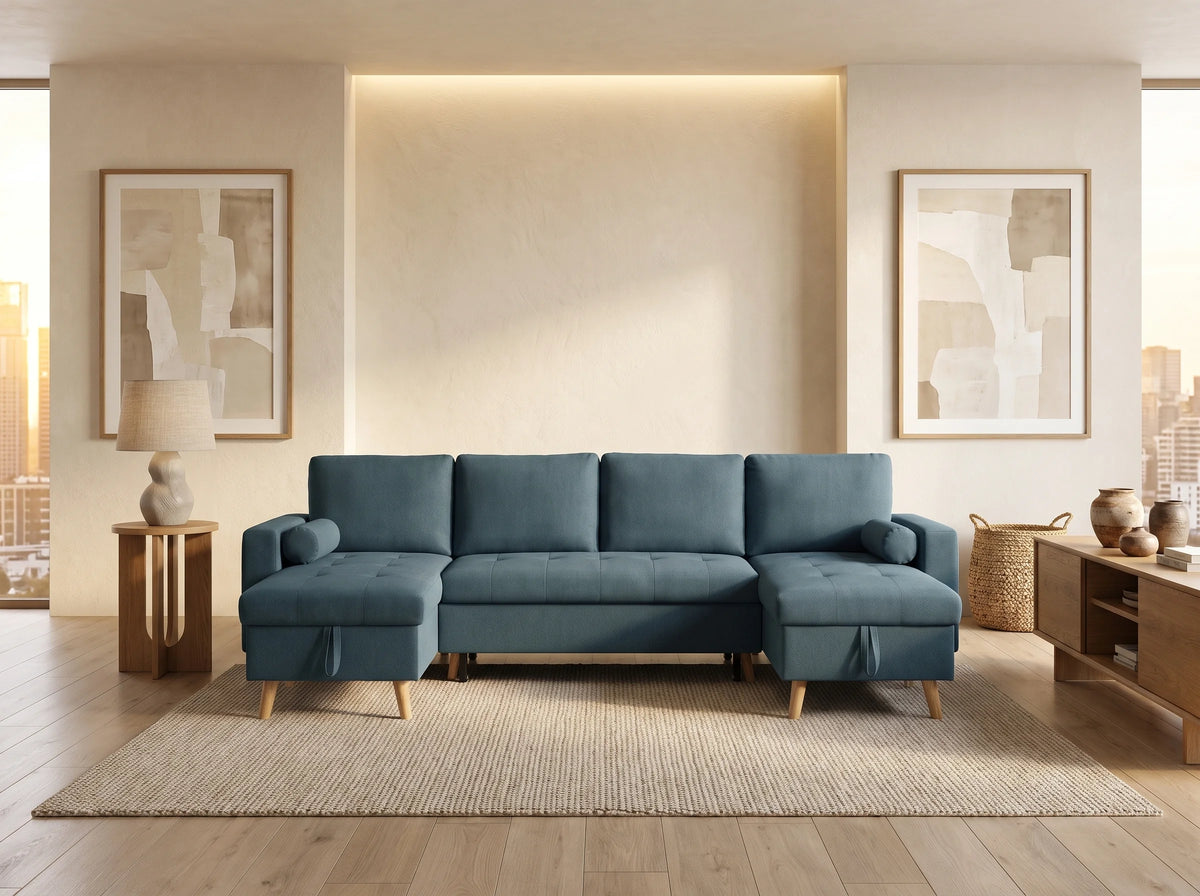 Canapé Panoramique d'Angle Convertible en Tissu Bleu canard - KORI
