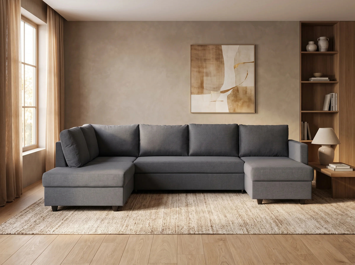 Canapé Panoramique d'Angle Convertible en Tissu Gris 5 Places - CATS