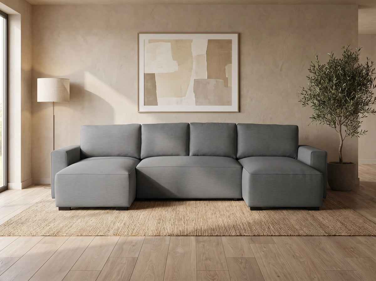 Canapé Panoramique d'Angle Convertible en Tissu Gris 5 Places - JORDAN