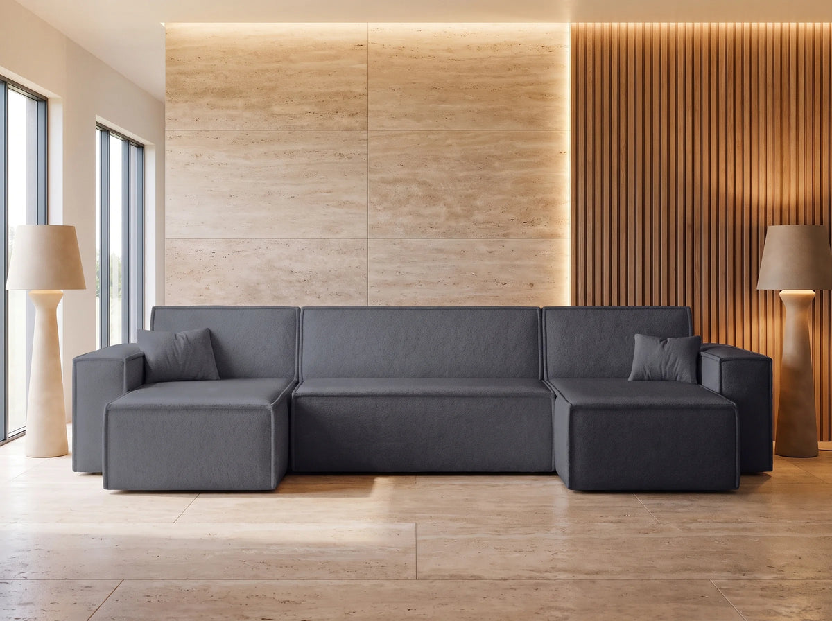Canapé Panoramique d'Angle Convertible en Tissu Gris 5 Places - SCARLO