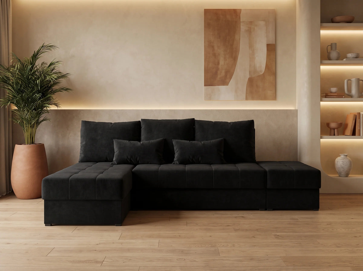Canapé Panoramique d'Angle Convertible en Tissu Noir 4 Places - NORVI