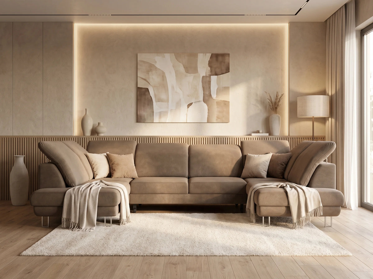Canapé Panoramique d'Angle Convertible en Velours Beige 5 Places - TERAMO