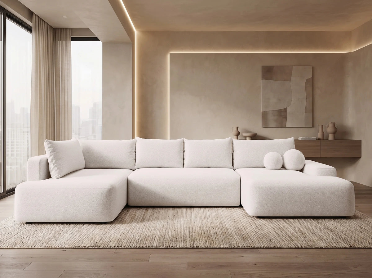 Canapé Panoramique d'Angle Droit XXL Convertible en Tissu Crème - DAVISO