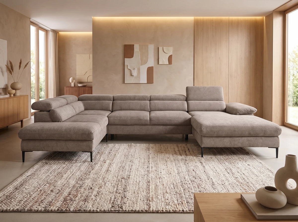 Canapé Panoramique d'Angle Droit XXL Convertible en Velours Taupe - SEPINA
