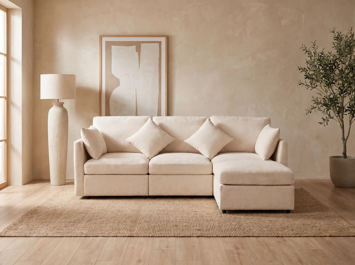 Canapé Panoramique d'Angle en Chenille Beige 3 Places - WISHDOR
