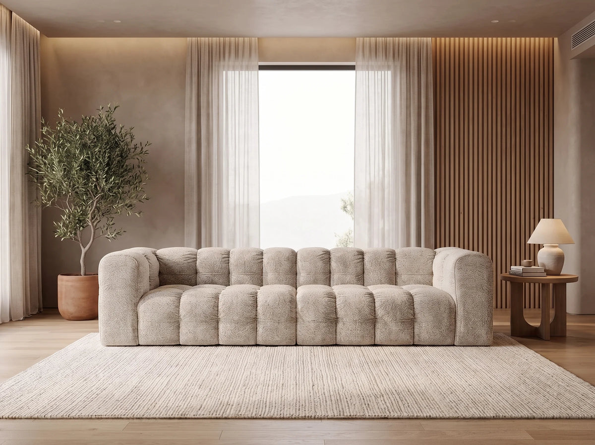 Canapé Panoramique d'Angle en Chenille Beige 6 Places - BALOO