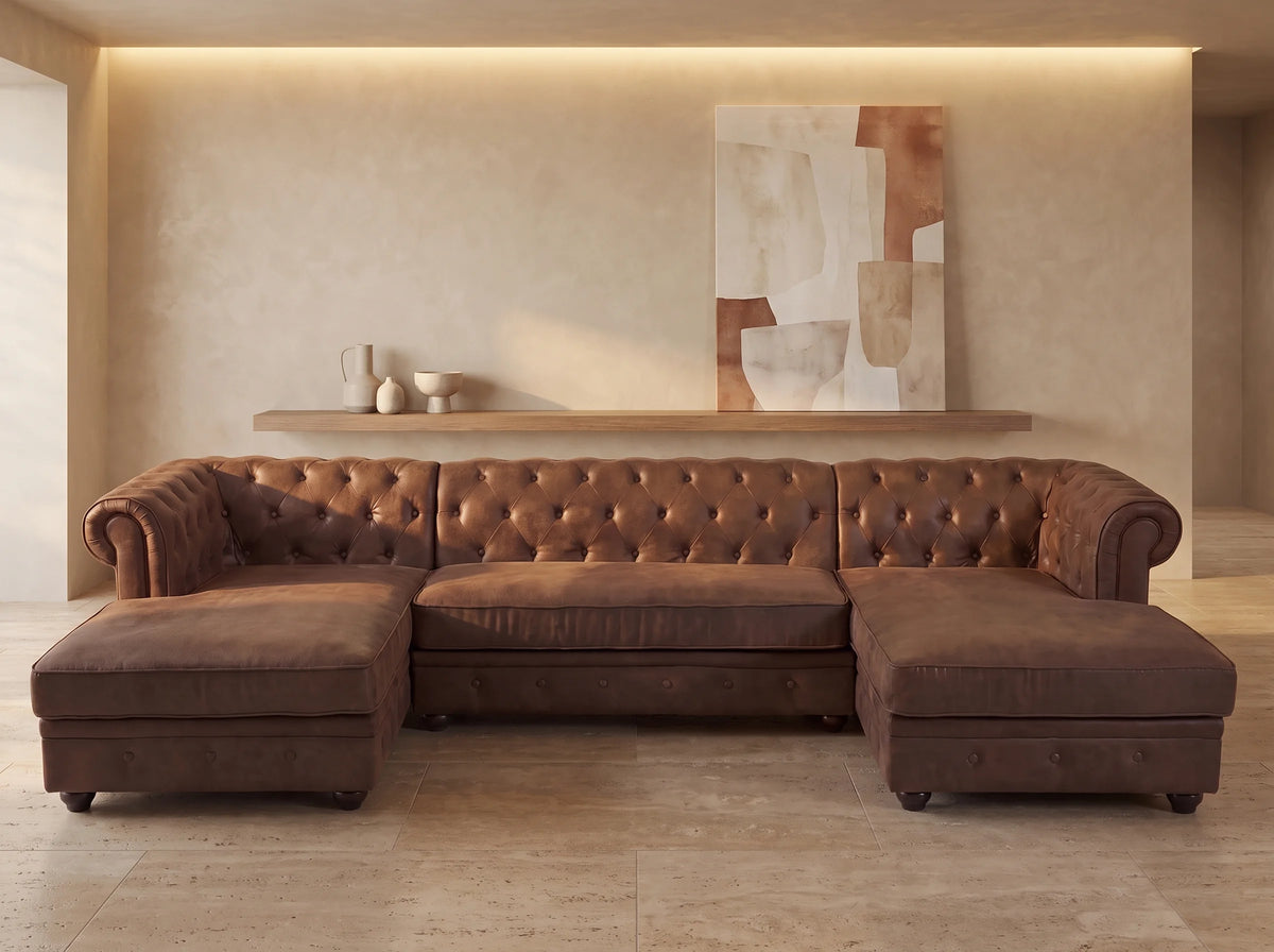 Canapé Panoramique d'Angle en Microfibre Marron - CHESTERFIELD