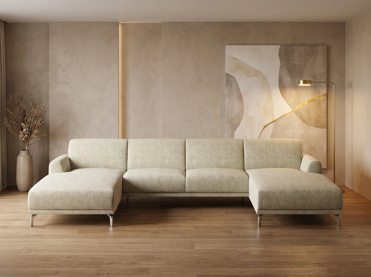 Canapé Panoramique d'Angle en Tissu Beige 5 Places - MESONICA