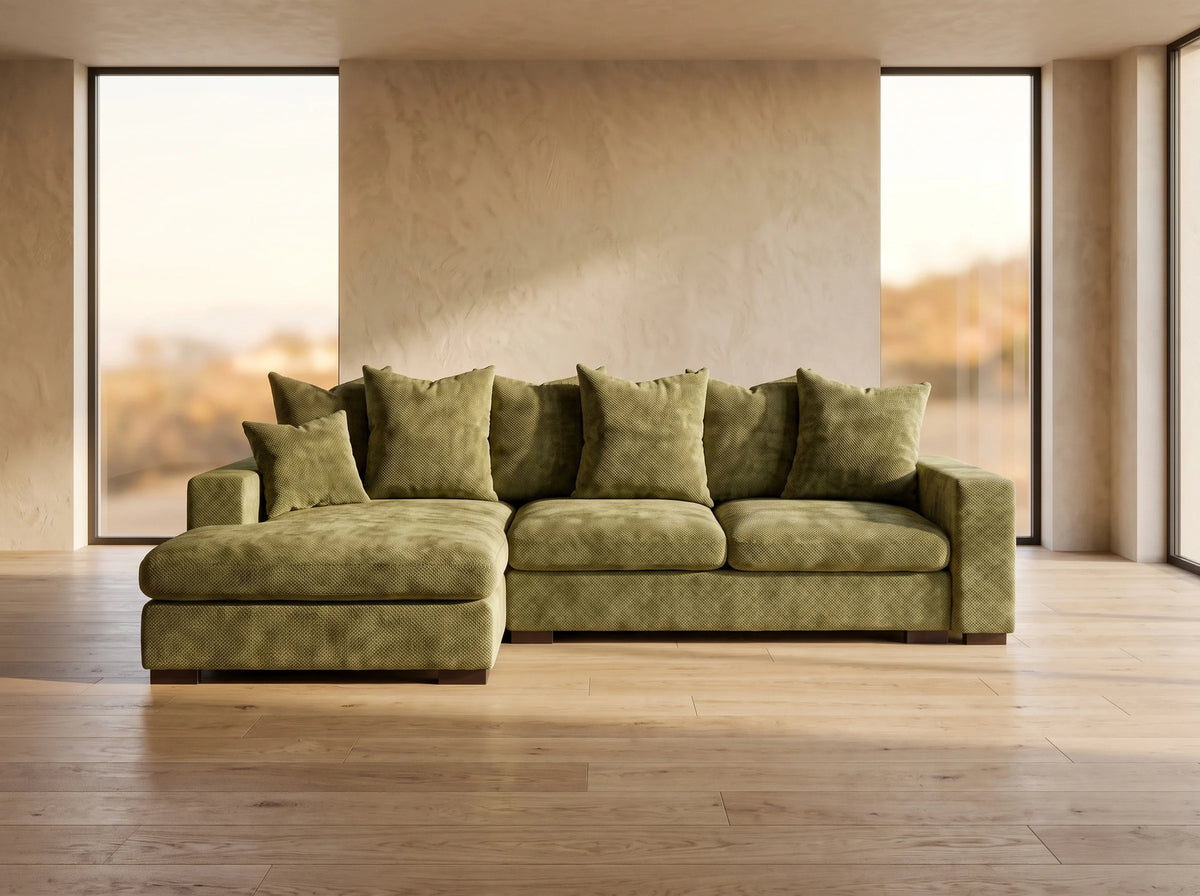 Canapé Panoramique d'Angle Gauche en Tissu Vert 4 Places - SELLO