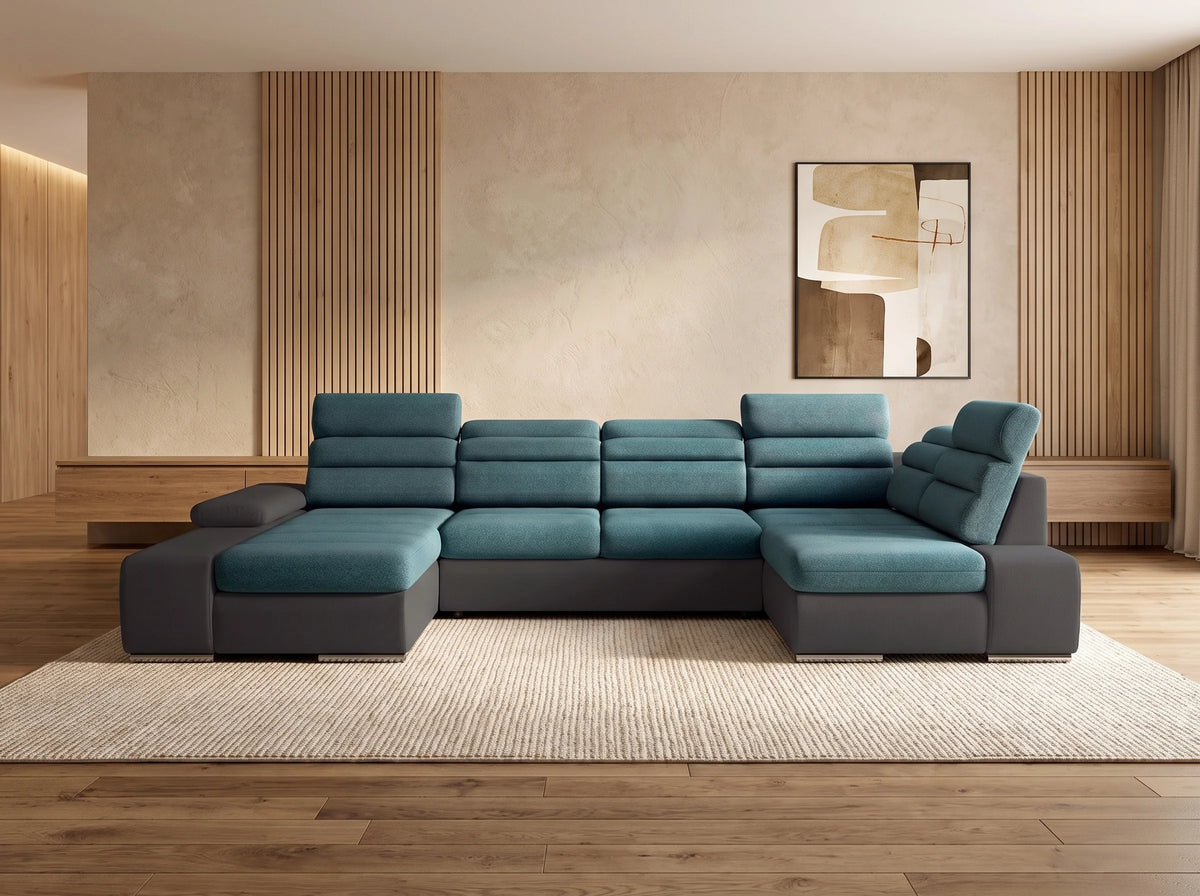 Canapé Panoramique d'Angle Gauche XXL Convertible en Tissu Gris anthracite / Bleu turquoise - BOILEAU