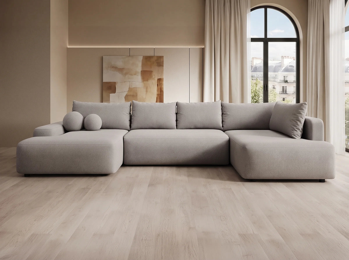 Canapé Panoramique d'Angle Gauche XXL Convertible en Tissu Taupe - DAVISO