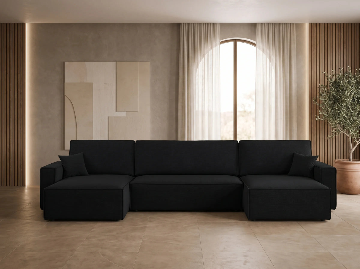 Canapé Panoramique d'Angle XXL avec Coffre en Tissu Noir 6 Places - BEST