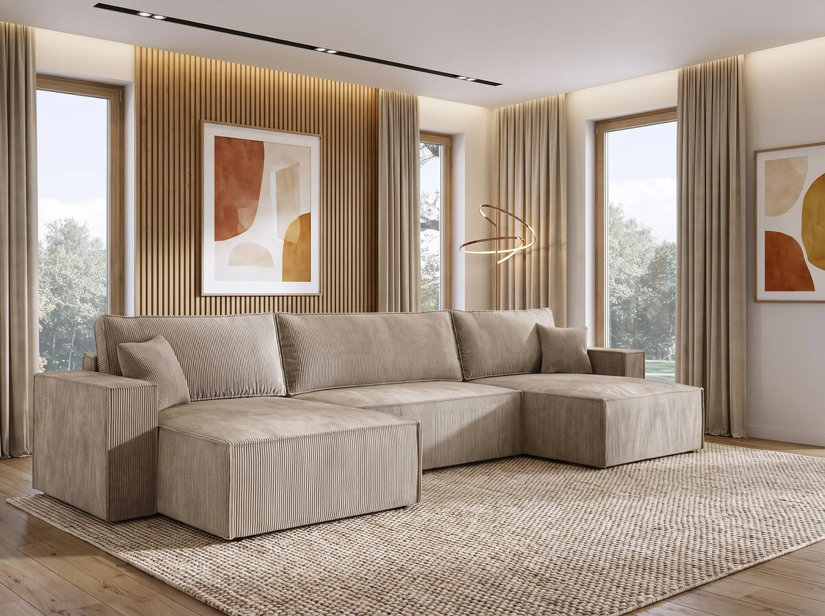 Canapé Panoramique d'Angle XXL Convertible avec Coffre en Tissu Beige 4 Places - DOMO HOME