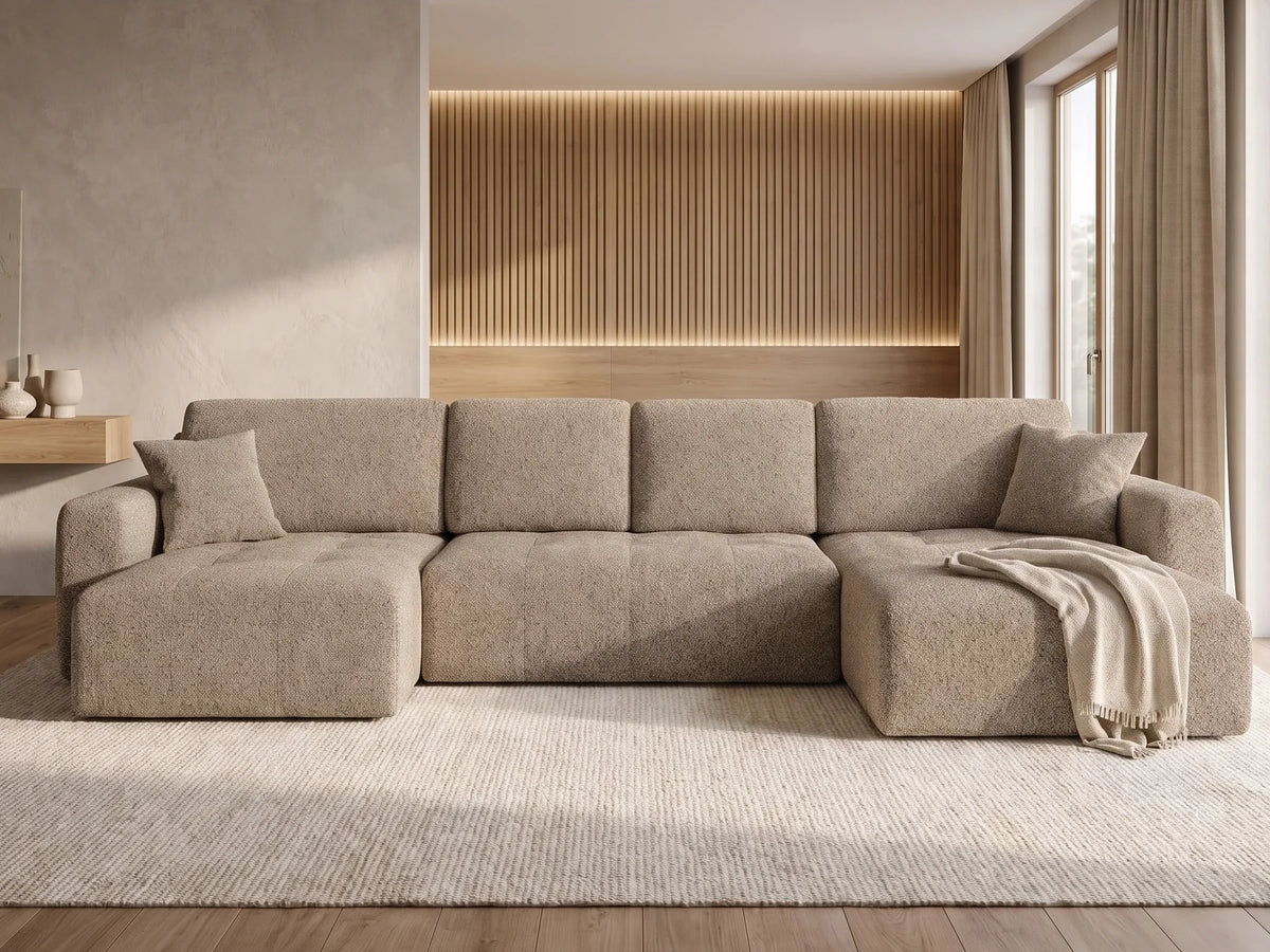 Canapé Panoramique d'Angle XXL Convertible avec Coffre en Tissu Beige 5 Places - IVO