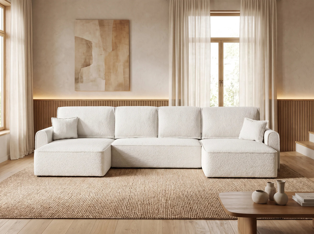 Canapé Panoramique d'Angle XXL Convertible avec Coffre en Tissu Blanc 5 Places - VALENTIN