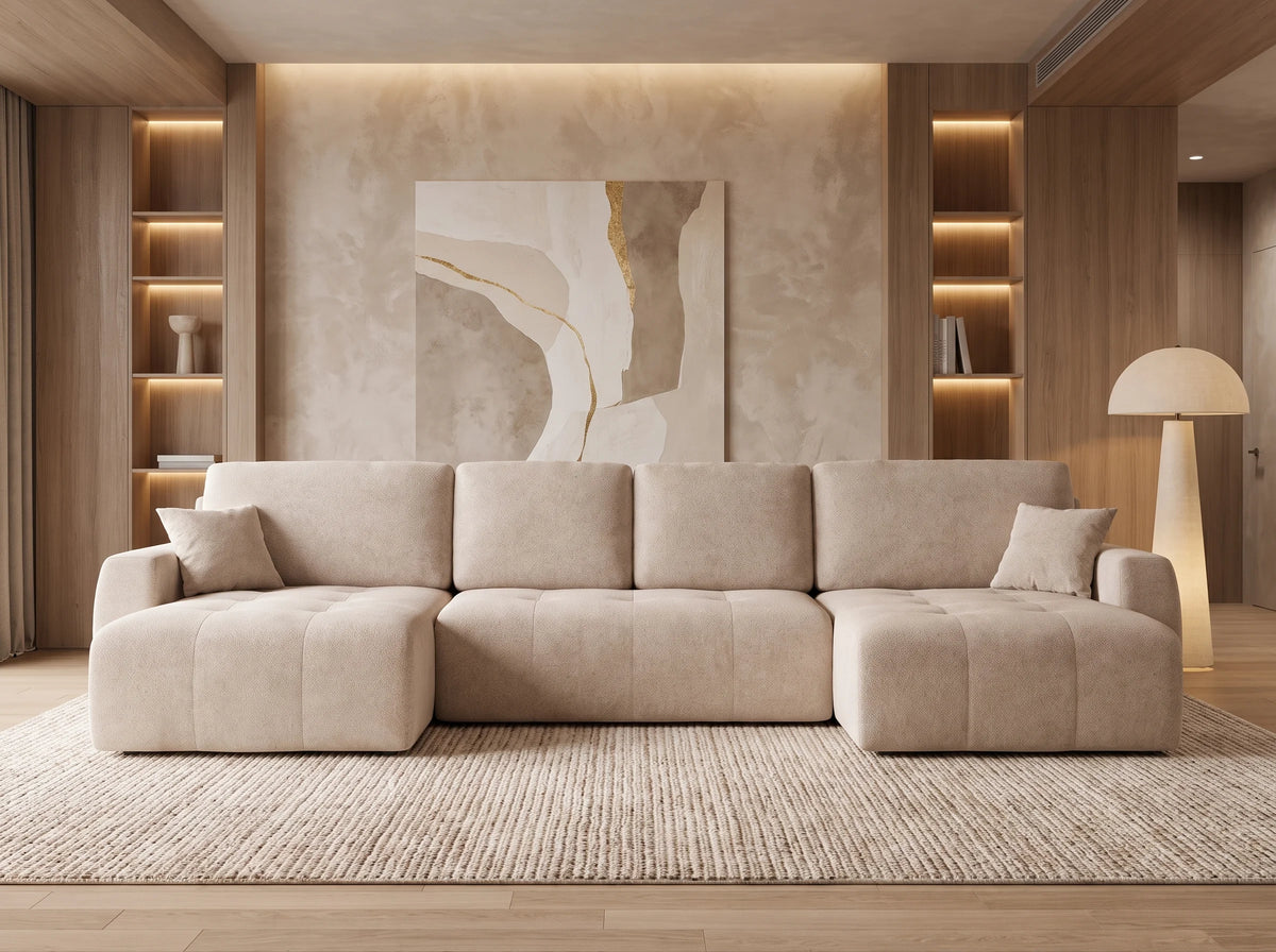 Canapé Panoramique d'Angle XXL Convertible avec Coffre en Velours Beige 5 Places - IVO