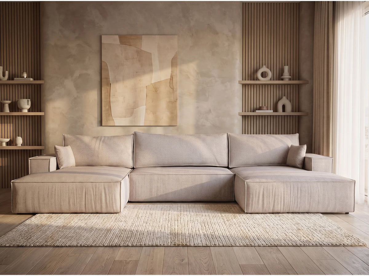 Canapé Panoramique d'Angle XXL Convertible en Tissu Beige 6 Places - KYOTO