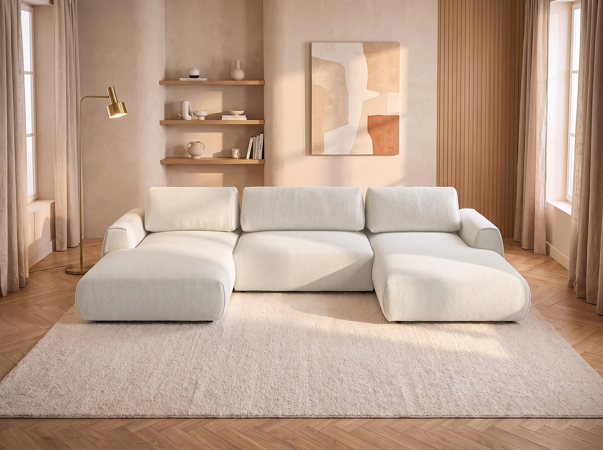 Canapé Panoramique d'Angle XXL Convertible en Tissu Beige - MONELIA