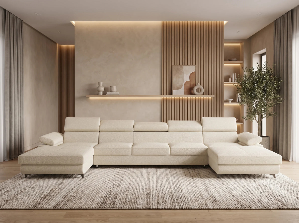 Canapé Panoramique d'Angle XXL Convertible en Tissu Crème 6 Places - VIVENTE