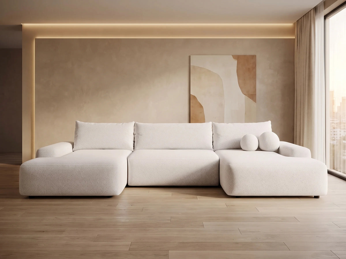Canapé Panoramique d'Angle XXL Convertible en Tissu Crème - DAVISO