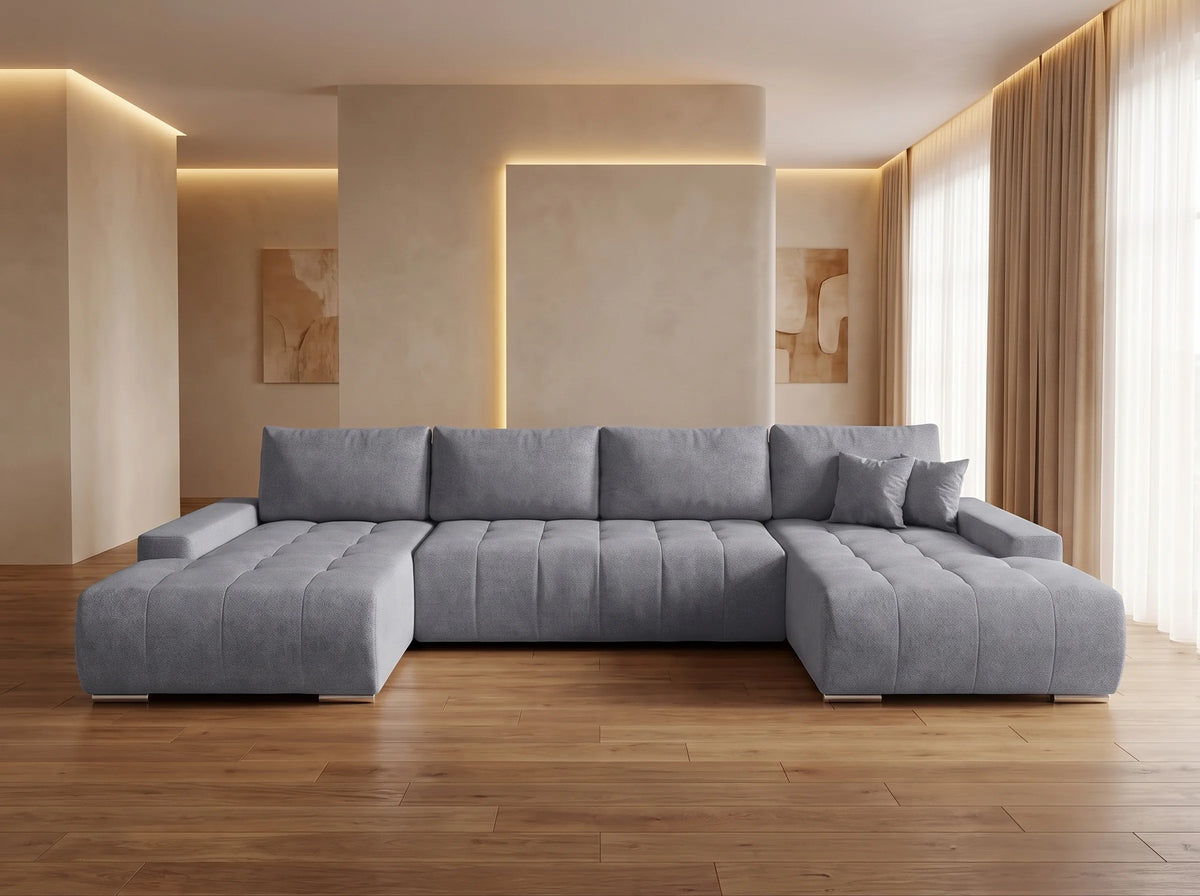 Canapé Panoramique d'Angle XXL Convertible en Tissu Gris 5 Places - JONAS