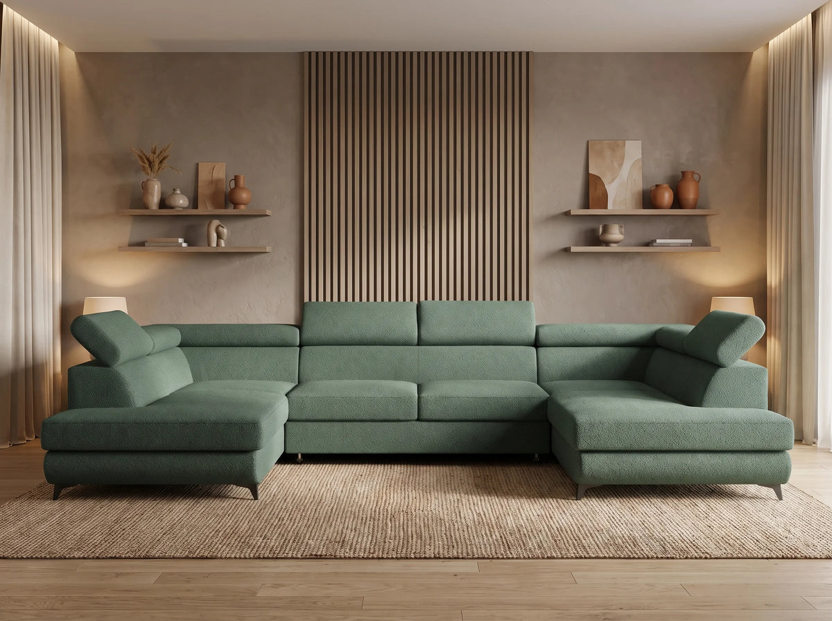 Canapé Panoramique d'Angle XXL Convertible en Tissu Vert 6 Places - URMANO
