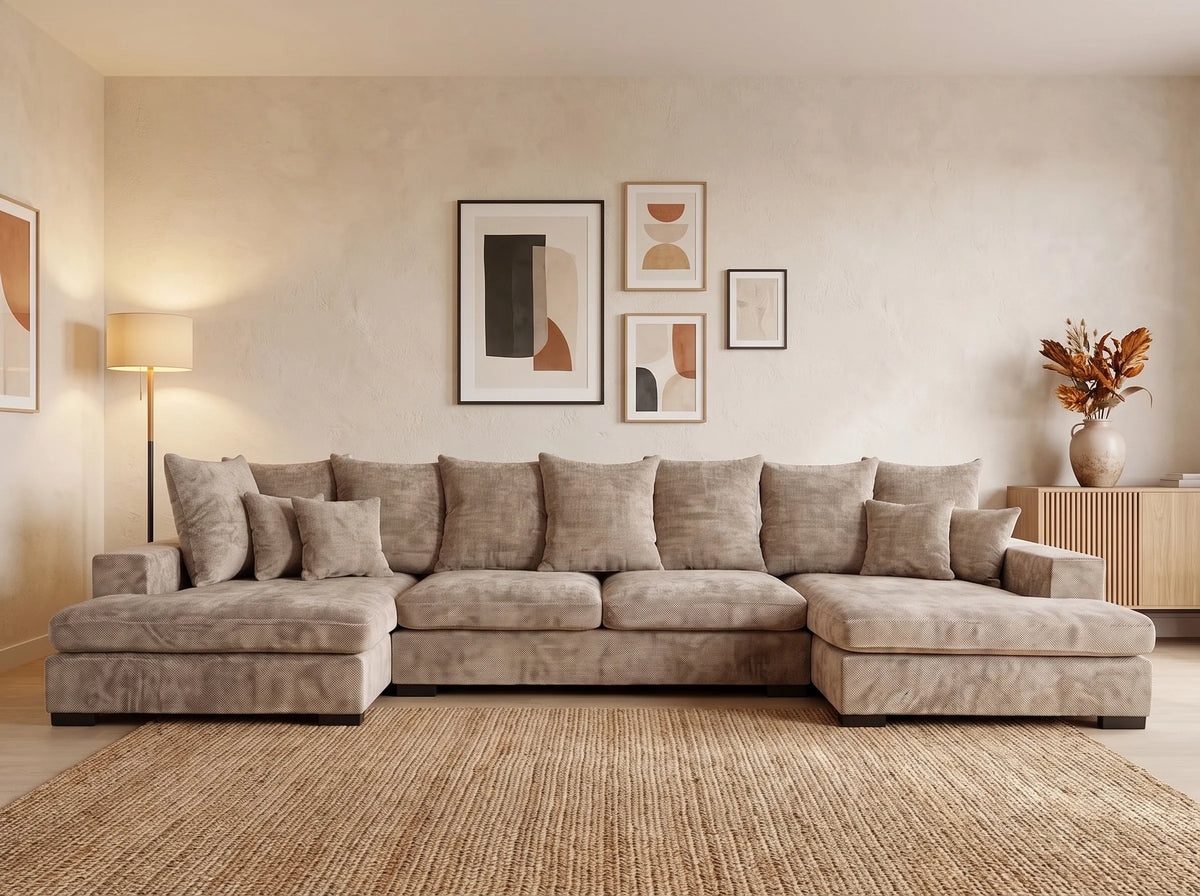 Canapé Panoramique d'Angle XXL en Tissu Beige 5 Places - SELLO