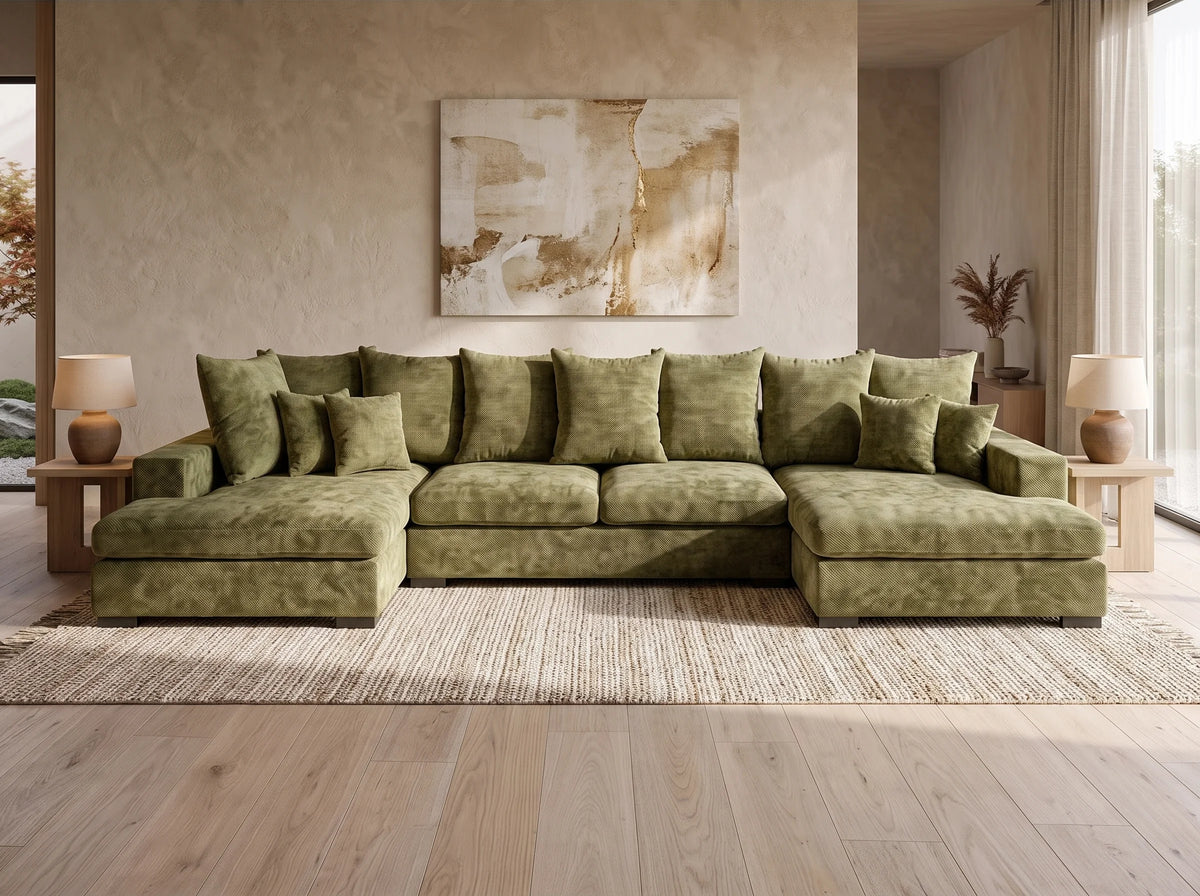 Canapé Panoramique d'Angle XXL en Tissu Vert 5 Places - SELLO
