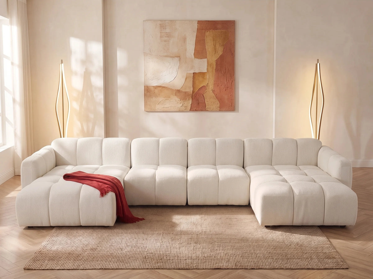 Canapé Panoramique d'Angle XXL Modulable en Tissu Blanc cassé - CARLIVI