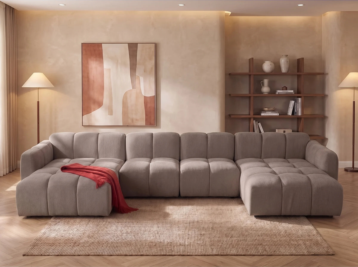 Canapé Panoramique d'Angle XXL Modulable en Tissu Taupe - CARLIVI