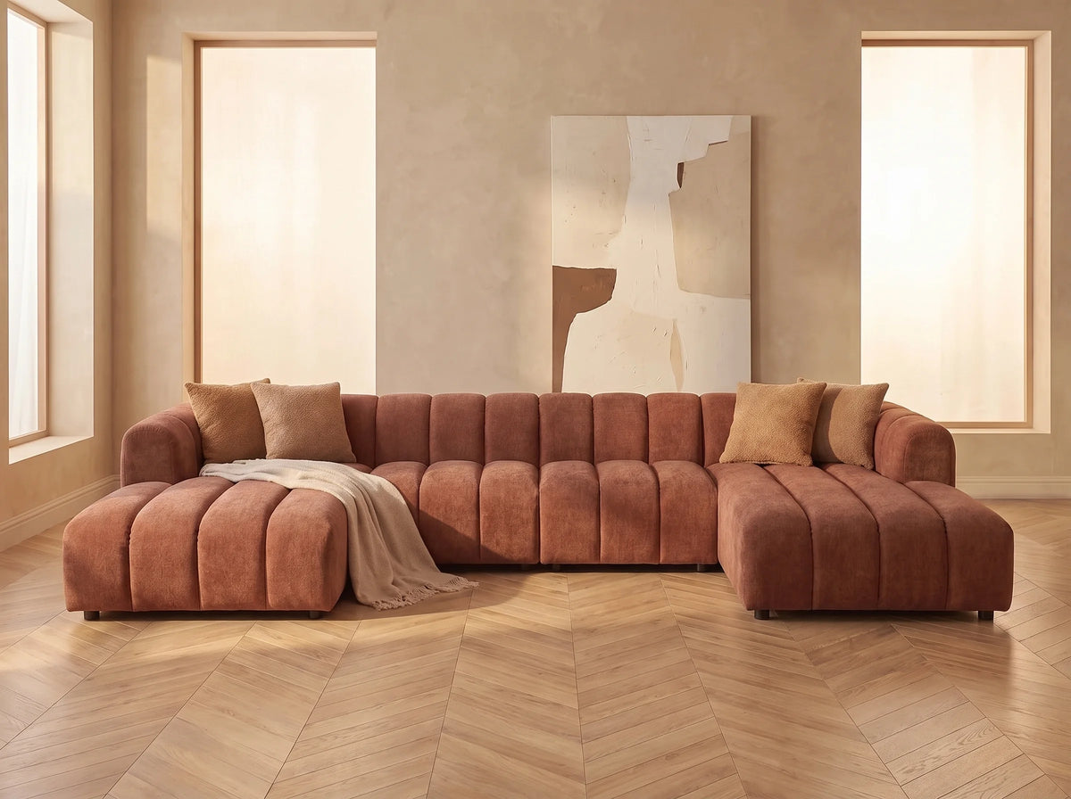 Canapé Panoramique d'Angle XXL Modulable en Tissu Terracotta - JUTINI