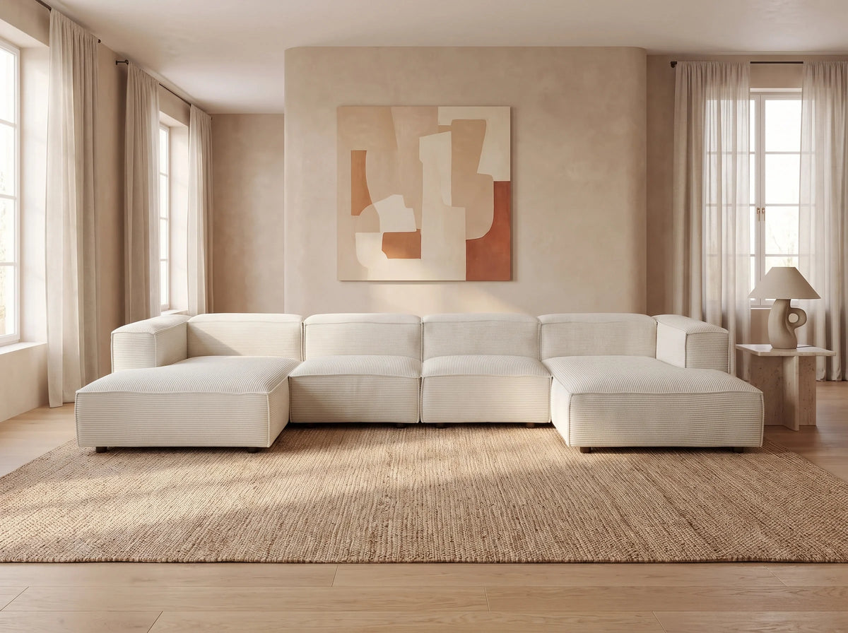 Canapé Panoramique d'Angle XXL Modulable en Velours Côtelé Beige - RUZOLO